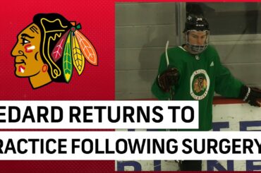 WATCH: Blackhawks' Connor Bedard skates one week after jaw surgery