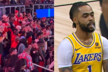 Hawks fans chant "We don't want you!" while D'Angelo Russell shoots free throws