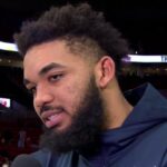 Karl-Anthony Towns reacts after win over Portland Trail Blazers
