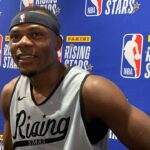 Indiana Pacers/Mad Ants center Oscar Tshiebwe speaks to media before 2024 NBA All-Star Rising Stars
