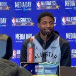 Former Indiana Pacers (now Clippers) wing Paul George speaks to media at 2024 NBA All-Star weekend