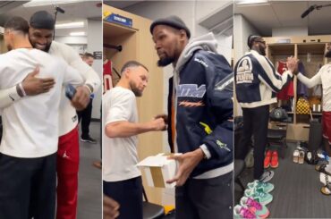 Lebron James, Steph Curry and Kevin Durant share a moment in Locker room before Allstar Game
