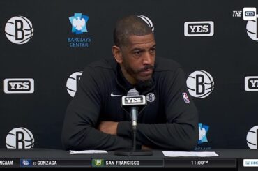 Kevin Ollie reacts to his first home win as the Nets' interim head coach