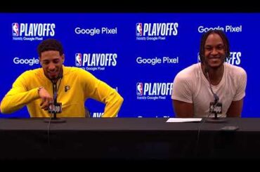 Indiana Pacers — Tyrese Haliburton, Myles Turner, Rick Carlisle and Bucks after Game 4 win in Indy