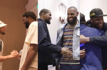 Team USA players embrace after arriving for training camp to prepare for Olympics