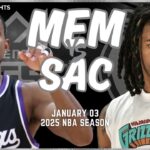 Memphis Grizzlies vs Sacramento Kings Full Game Highlights | Jan 3 | 2025 NBA Season