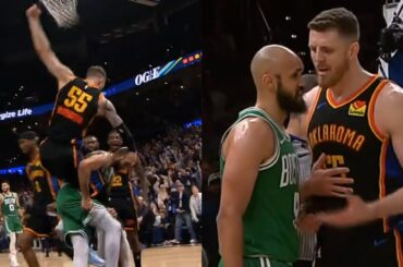 Isaiah Hartenstein has words for Derrick White grabbing his legs in air after dunk