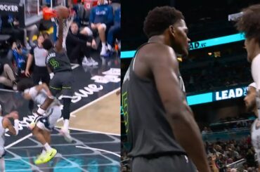 Anthony Edwards nasty poster dunk then flexes and stares down Anthony Black