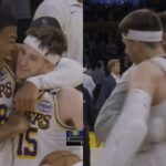 Luka Doncic daps up Austin Reaves after his career high 45 points vs Pacers