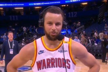 Stephen Curry reacts to hitting 12 threes and scoring 56 points vs Magic