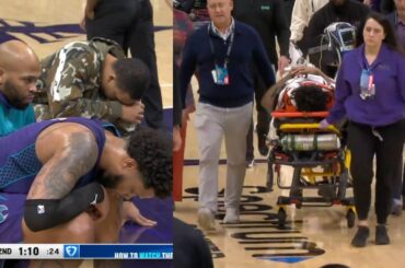 Jaylen Wells stretchered off court after scary fall onto head after dunk vs Hornets 😳