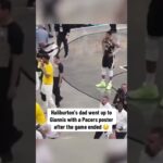 Haliburton's dad went up to Giannis with a Pacers poster 😳 (via TylerSmith_ISL/X)