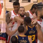 Steph Curry tells Dillon Brooks how many fouls he has then they get into it 😳