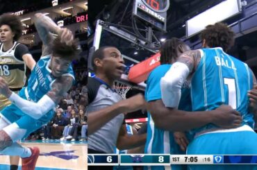 LaMelo Ball heated and has to be held back after Kyshawn shoved him to ground