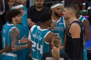 LaMelo Ball dunks with 10 secs left in game and Nikola Vucevic was heated
