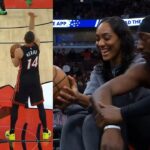 Bam Adebayo with A'ja Wilson and Tyler Herro vs Bulls mascot during game delay