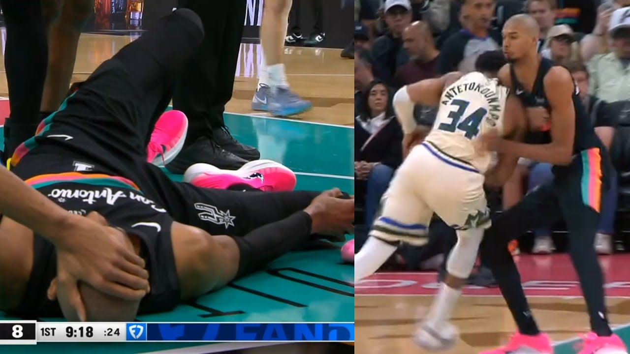 Victor Wembanyama knee injury after collision with Giannis and limps to locker room