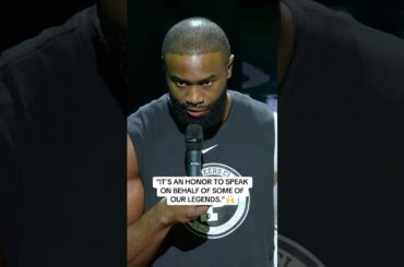 Jaylen Brown,addresses the crowd ahead of the inaugural NBA Pioneers Classic on ESPN 🙌