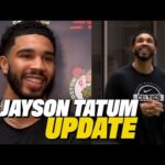 Jayson Tatum speaks with media following first 5-on-5 practice