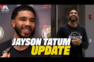 Jayson Tatum speaks with media following first 5-on-5 practice