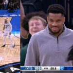 Giannis loving new teammate Cam Thomas after dagger 3 and 34pts vs Magic 😂