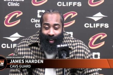 James Harden reacts to the Cavs 138-113 win over the Wizards in his first home game in Cleveland