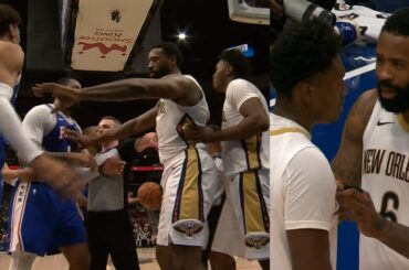 DeAndre Jordan protects Derik Queen then calms him down after scuffle with Drummond