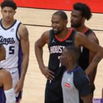 Kevin Durant laughs as Russell Westbrook has words for Alperen Sengun after foul