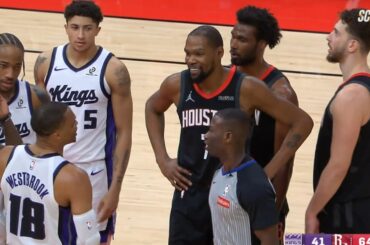 Kevin Durant laughs as Russell Westbrook has words for Alperen Sengun after foul