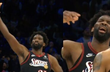 Joel Embiid gets hurt celebrating his dagger 3 vs Heat 😂