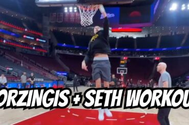 Kristaps Porzingis x Seth Curry run pick&roll at Warriors pregame Houston + Kerr on politics/college