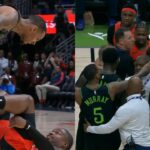 Dejounte Murray drops Shead then stands over him and yells and things get heated 😭