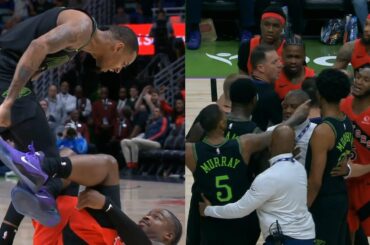 Dejounte Murray drops Shead then stands over him and yells and things get heated 😭