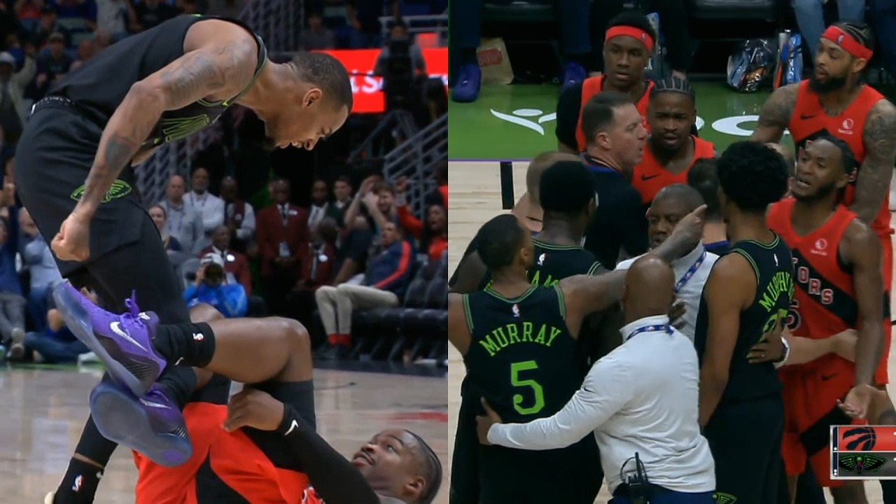 Dejounte Murray drops Shead then stands over him and yells and things get heated 😭