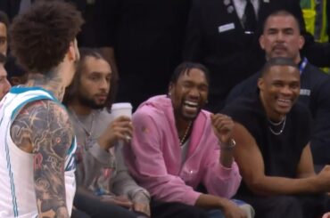 LaMelo Ball has Russ & Malik Monk laughing chirping back at them after hitting 3 😂