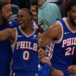 Tyrese Maxey has fun with Miles Bridges after poster & Joel Embiid clutch block 🔥