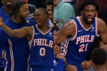 Tyrese Maxey has fun with Miles Bridges after poster & Joel Embiid clutch block 🔥