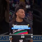 Stephon Castle's reaction to hitting a TRIPLE-DOUBLE 🙌😂 #stephoncastle #sanantoniospurs #nba #spurs