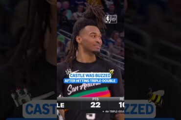 Stephon Castle's reaction to hitting a TRIPLE-DOUBLE 🙌😂 #stephoncastle #sanantoniospurs #nba #spurs