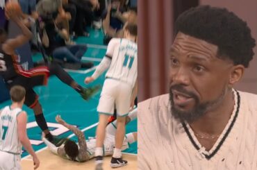Udonis Haslem reacts to LaMelo Ball tripping Bam Adebayo who takes hard fall