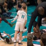 LaMelo Ball trips Bam Adebayo who takes hard fall and goes to locker room 😬