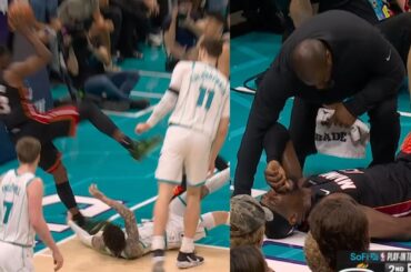 LaMelo Ball trips Bam Adebayo who takes hard fall and goes to locker room 😬