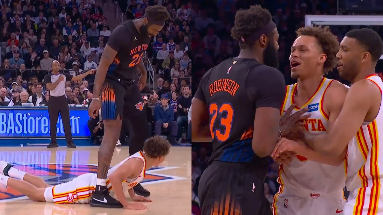 Mitchell Robinson walks over Dyson Daniels after foul and they get into it 👀