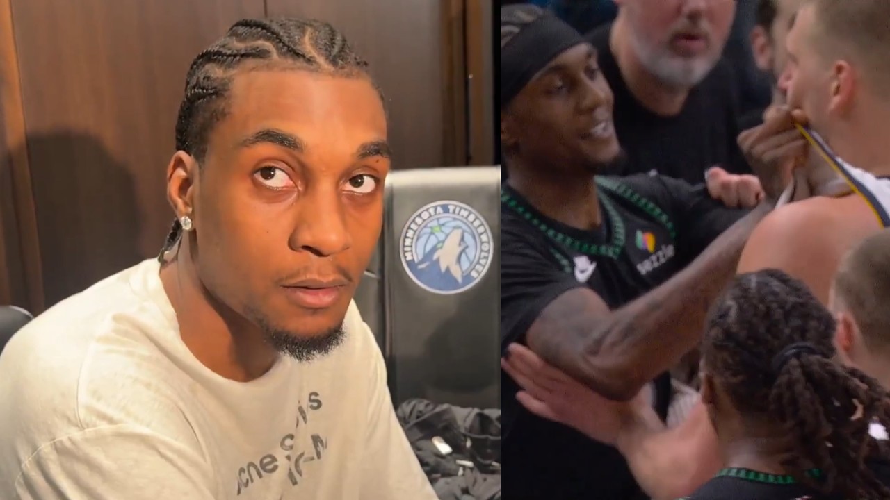 Jaden McDaniels hilarious reaction to Nikola Jokic confronting him for scoring at end of game 😂