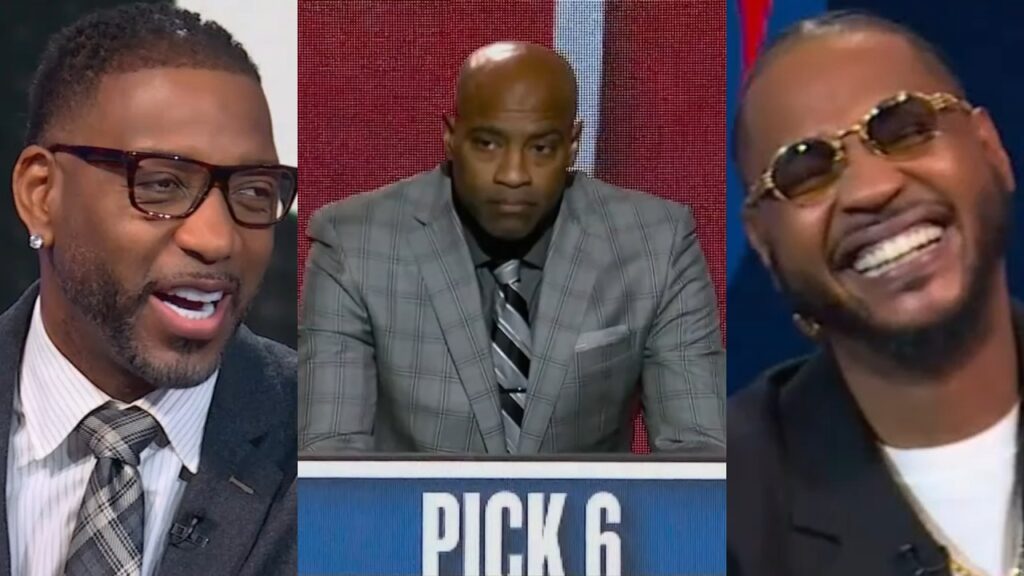 Melo & T-Mac laughing at Vince’s face after Brooklyn Nets got pick 6 in draft 😂