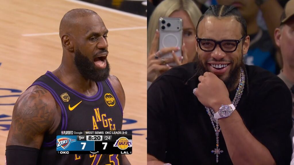 Dillon Brooks courtside and laughs at LeBron having words for OKC after foul 😂