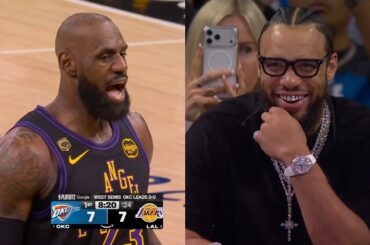 Dillon Brooks courtside and laughs at LeBron having words for OKC after foul 😂