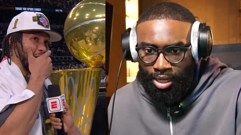 Jaylen Brown reacts to the New York Knicks winning NBA Finals