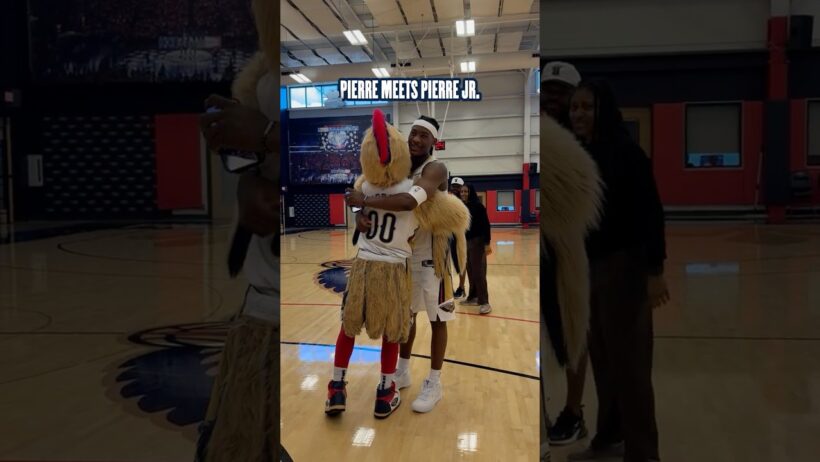 Jaron Pierre Jr. meets Pierre the Pelican #pelicans #nba